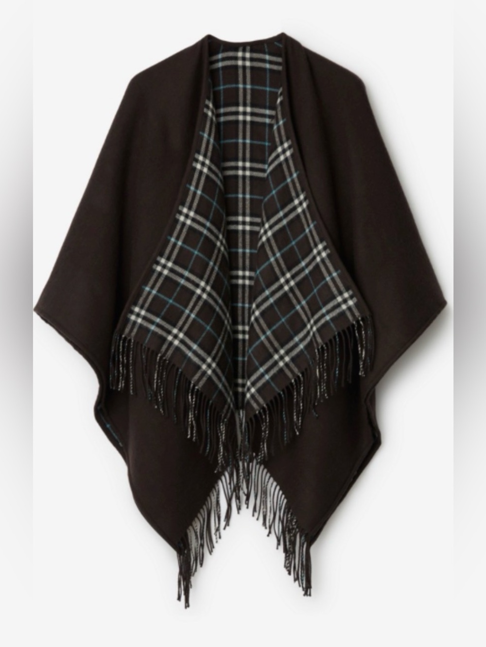 Fringed Plaid Reversible Wrap - Dark Brown with Gray & Teal Plaid